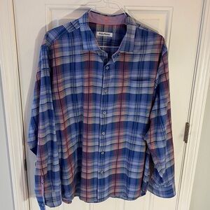 Tommy Bahama Button Up Shirt Puerto Prism Blue Pink Plaid Flip Cuff‎ L/S XL Silk